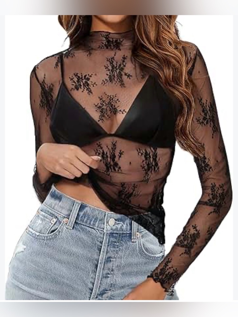 Liberty Love Black Sheer Floral Lace Long Sleeve Mock Neck Top Size X-Large